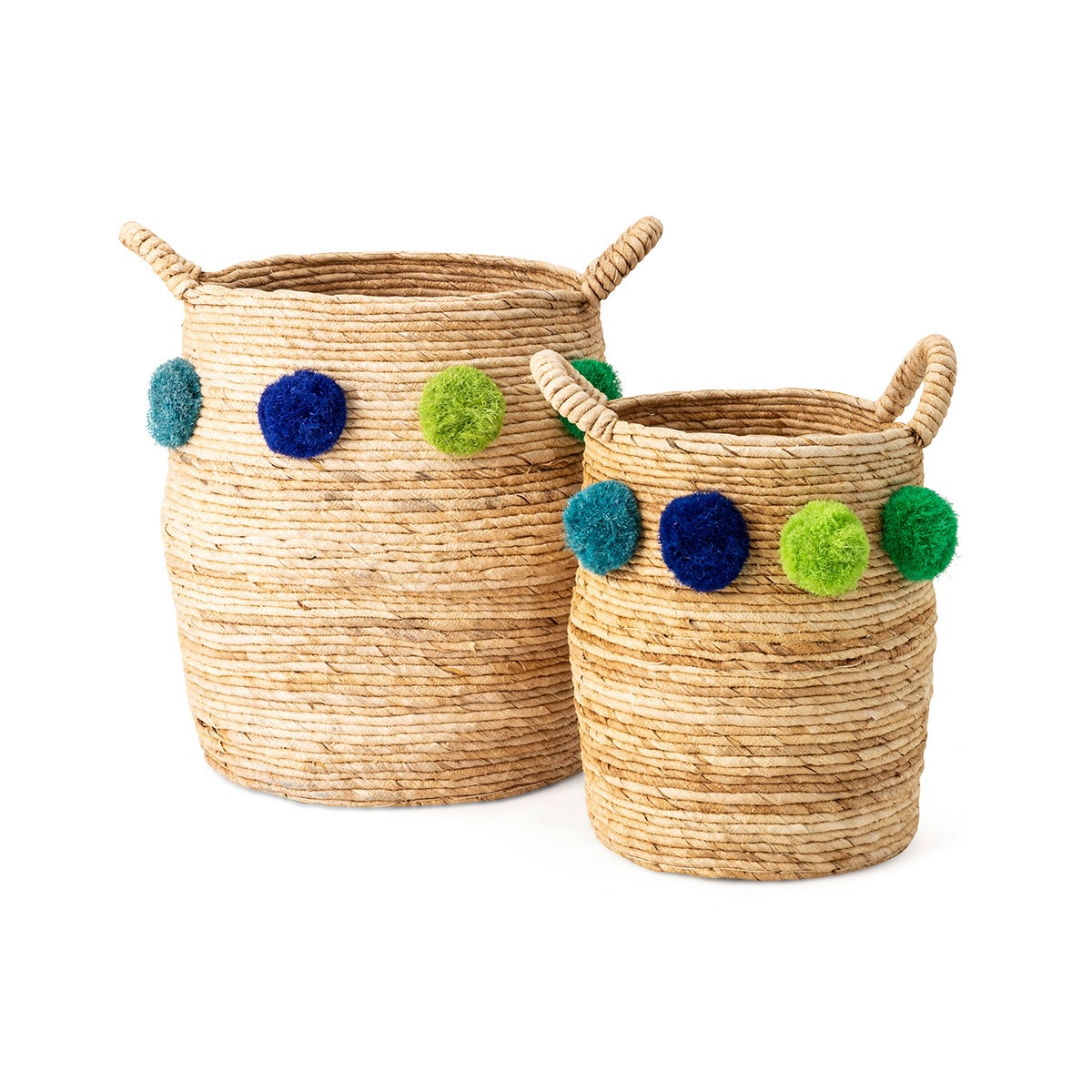 ROUND GRASS BASKET WITH BLUE AND GREEN POM (SOLD SEPARATE) | Nuance Interior Designs