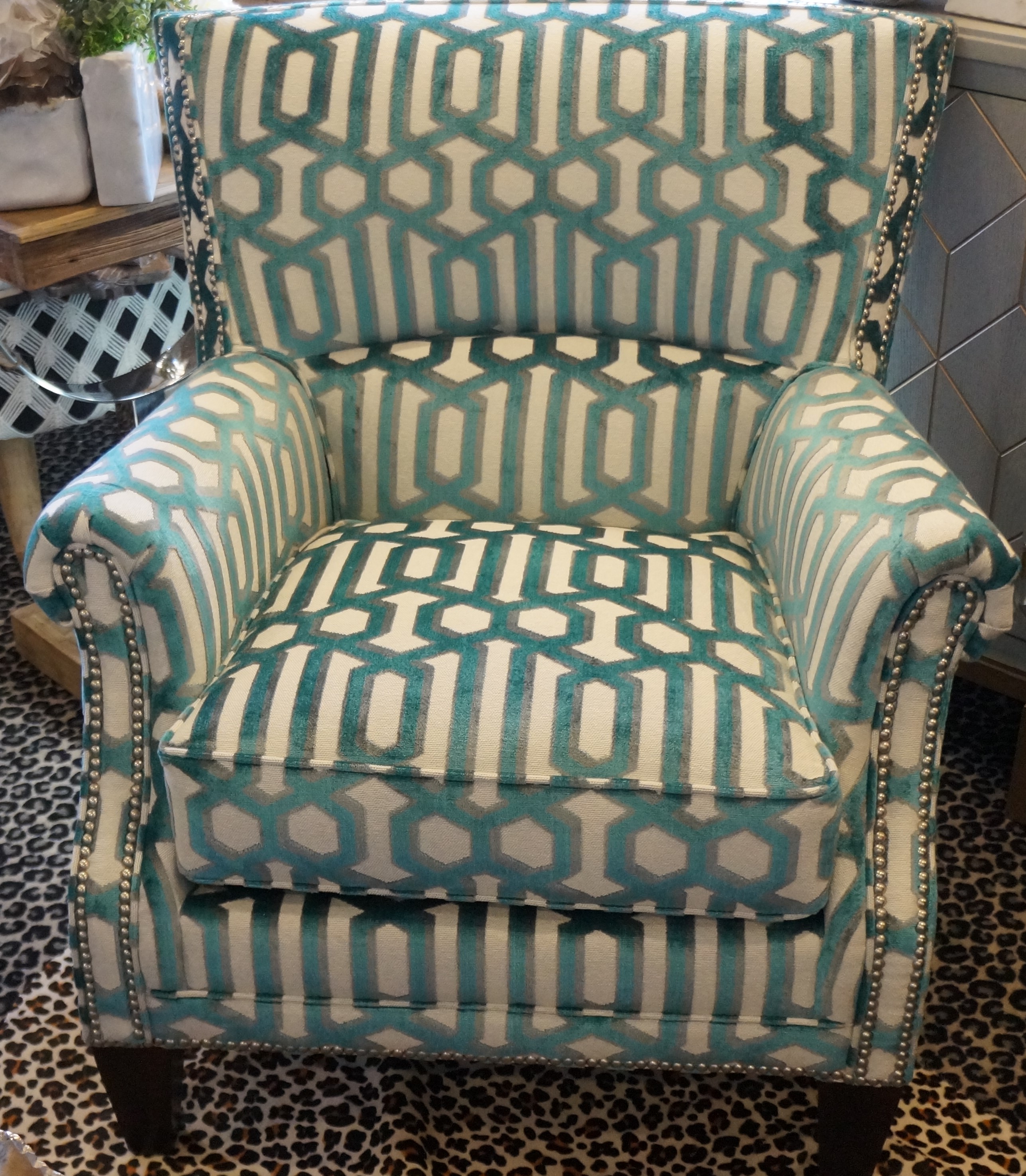 Flocked Turquoise and Gray Geometric Accent Chair Nuance