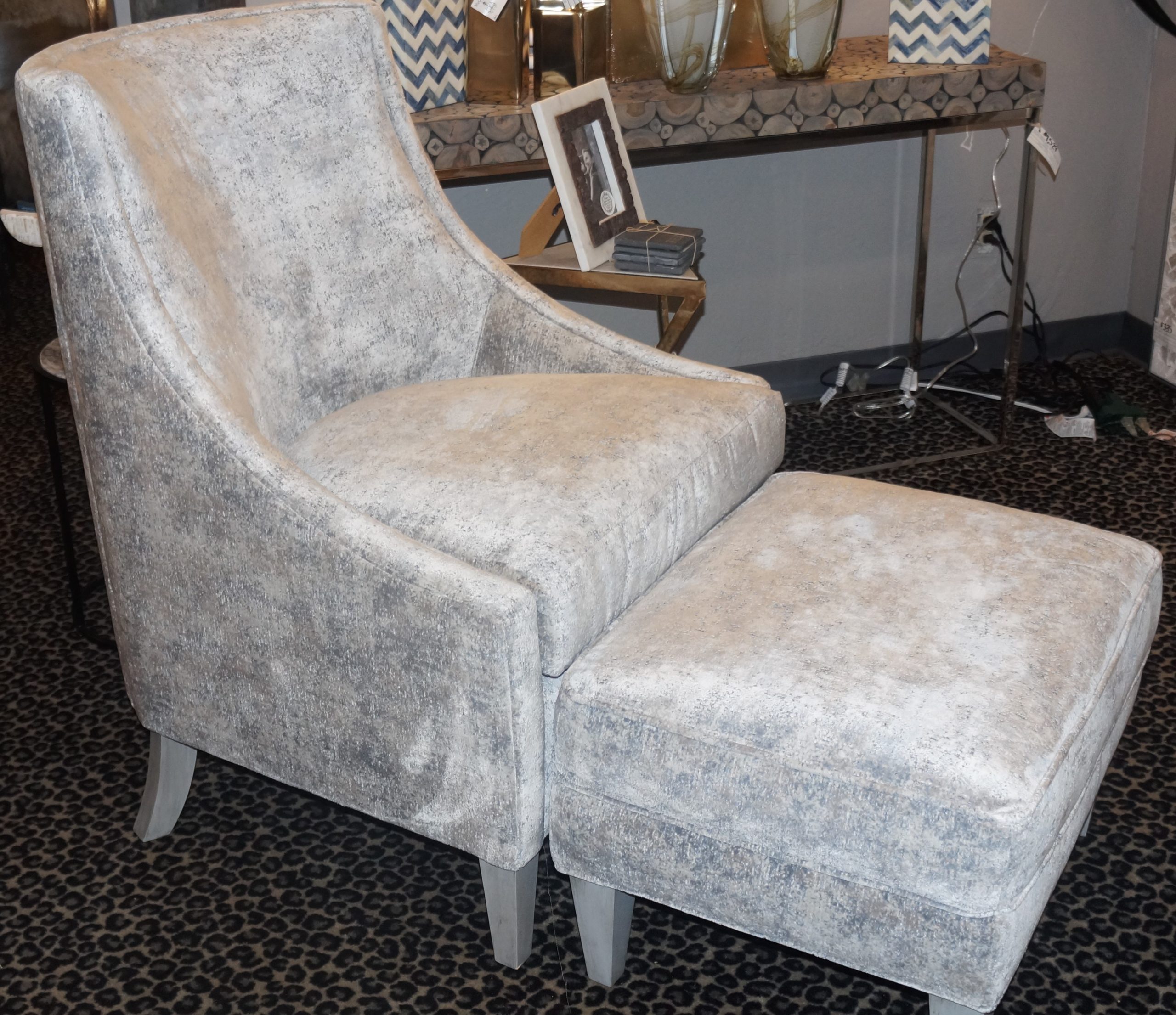 Blue Gray Flocked Accent Chair and Ottoman Nuance